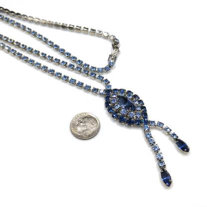 Mid Century Blue Rhinestone Rhodium Plated Necklace, Light & Dark Blue Rhinestones, 1960s Vintage Jewelry