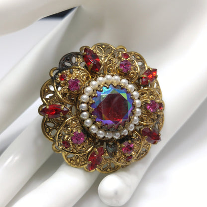 West Germany Red Fire Polished Filigree Brooch, Faux Pearls, 1950s Vintage Jewelry