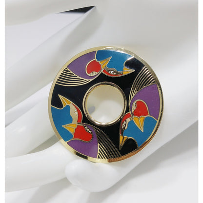 Laurel Burch "Birds of Santorini" Brooch, Cloisonné & Enamel, 1980s Vintage Jewelry