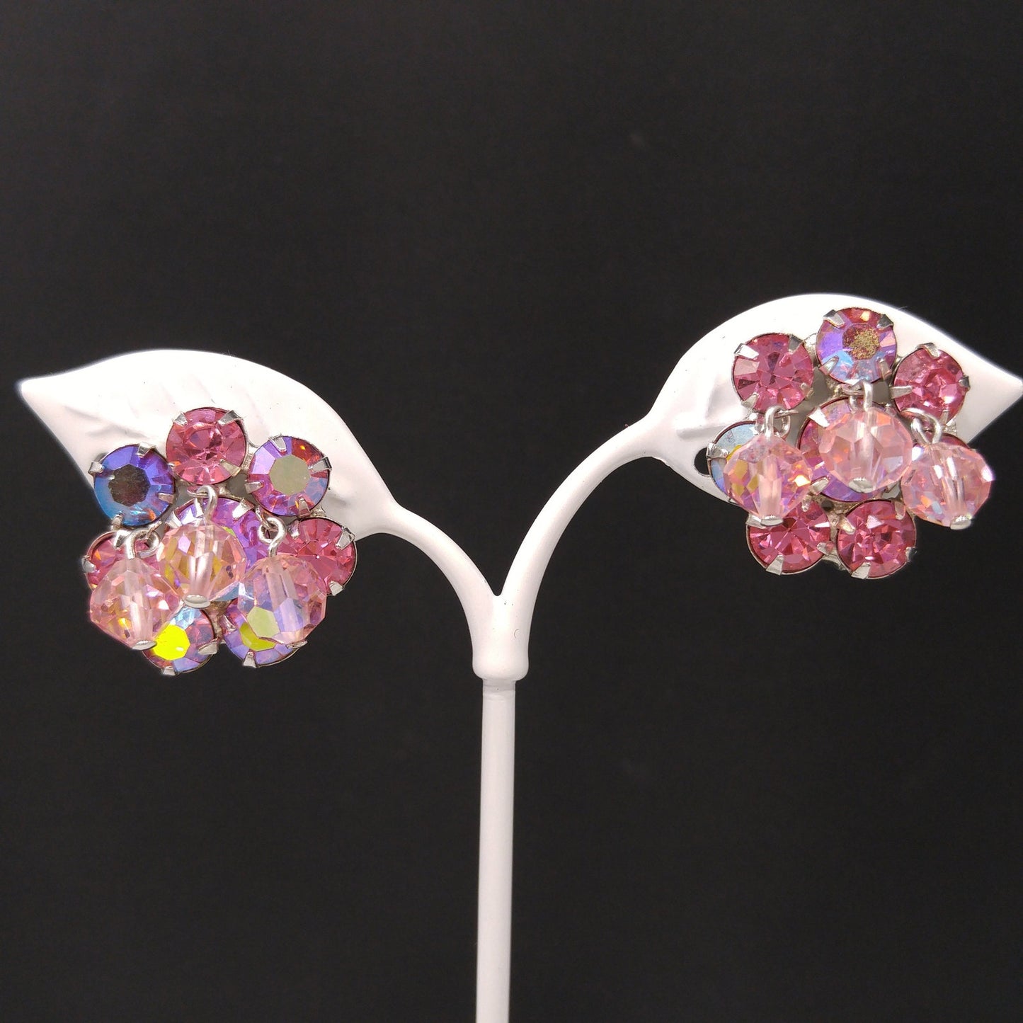 Weiss 1960s Pink Aurora Borealis Brooch & Clip Earrings Set | Dangling Crystal Beads | Vintage Mid-Century Jewelry