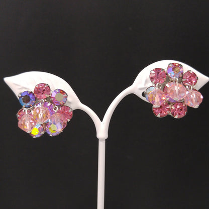 Weiss 1960s Pink Aurora Borealis Brooch & Clip Earrings Set | Dangling Crystal Beads | Vintage Mid-Century Jewelry