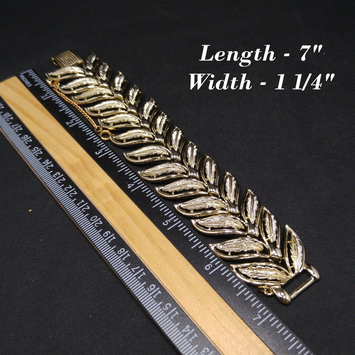 Coro Pegasus Leaves Wide Bracelet, Gold Plated, Safety Chain, 1950s Vintage Jewelry