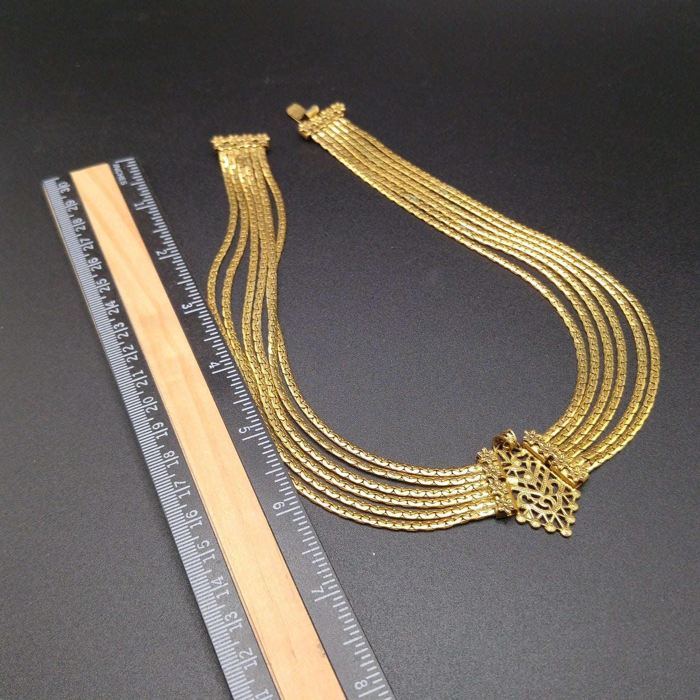 Freirich Victorian Choker Necklace, Gold Plated, Six Strands, 1960s Vintage Jewelry