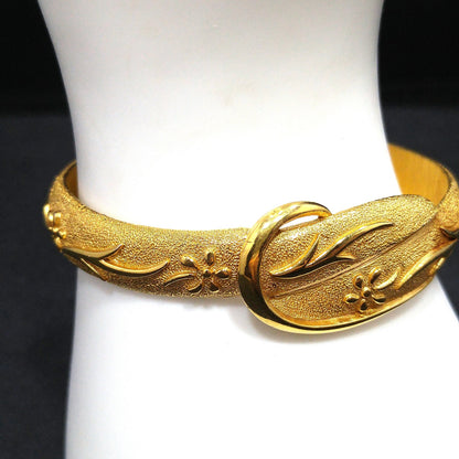 Crown Trifari Floral Hinged Bracelet, Gold Plated, 1950s Vintage Jewelry