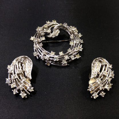 Ciner Clear Rhinestone Brooch & Earrings, Rhodium Plated, 1950s Vintage Jewelry