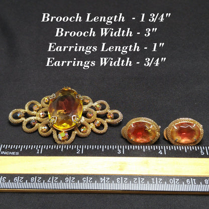 Vintage Gold Pink Large Glass Brooch Earrings Set, Gold Plated, 1960s Vintage Jewelry