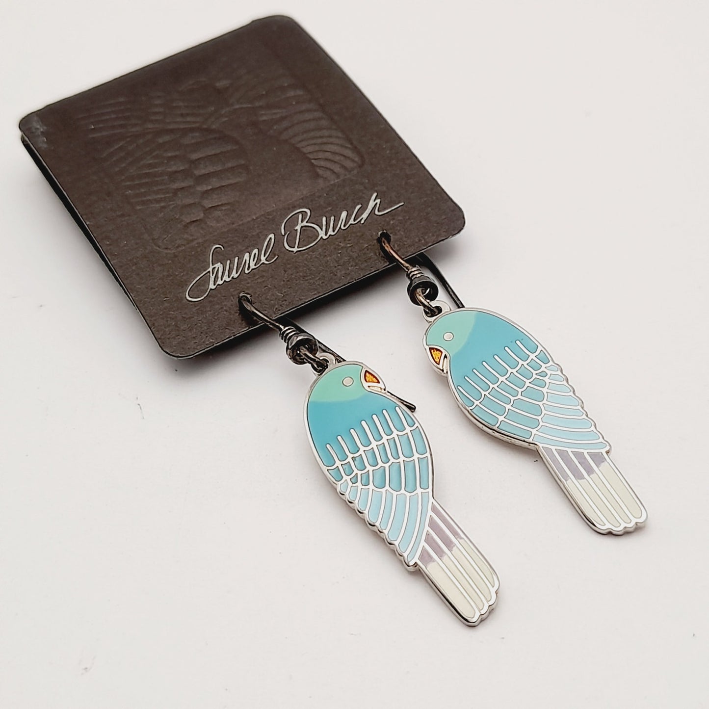 Vintage Laurel Burch Lorikeets Light Blue Enamel Rhodium Plated 1988 Earrings - Silver Plated Earwires - Original Card