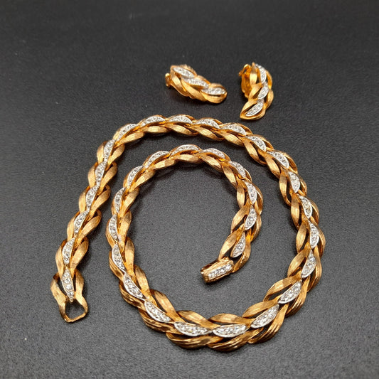 Vintage Clear Rhinestone Gold Tone Necklace Earrings Set, 1960s Vintage Jewelry