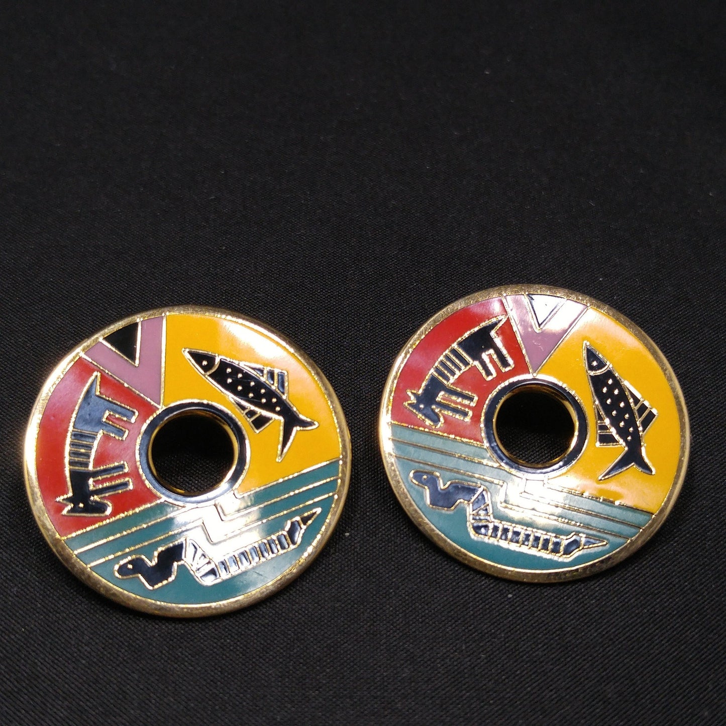 Laurel Burch "Artifact" Post Earrings, Fish Snake Dog Enamel Cloisonne, 1980s Vintage Jewelry
