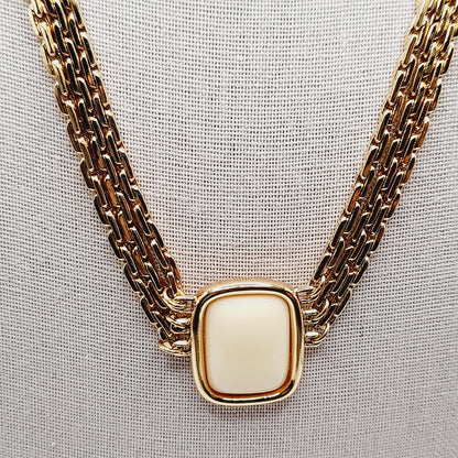Vintage Monet Cream Cabochon Necklace Gold Plated 18 Inch Signed Pendant