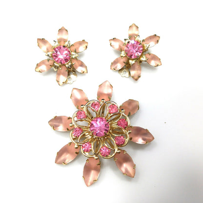 Mid-Century Pink Flower Brooch & Earrings, Frosty Light Pink Cabs, Hot Pink Rhinestones, 1950s Vintage Jewelry