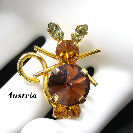 Vintage Austria Crystal Mouse Brooch – Figural Topaz & Citrine Rhinestones – 1 Inch