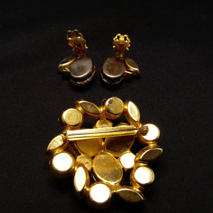 Faux Baroque Pearls AB Rhinestone Brooch Earrings, Gold Plated, 1960s Vintage Jewelry