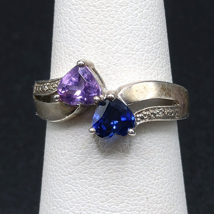 Sterling Silver Heart Ring with Blue Topaz & Amethyst, Size 5.5, 1980s–1990s