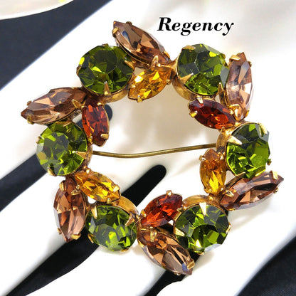 Vintage Regency Wreath Brooch, Green Topaz Citrine Crystal Rhinestones, 1950s Vintage Jewelry