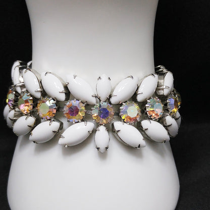 Weiss Milk Glass Bracelet, Aurora Borealis, Rhodium, 1960s Vintage Jewelry