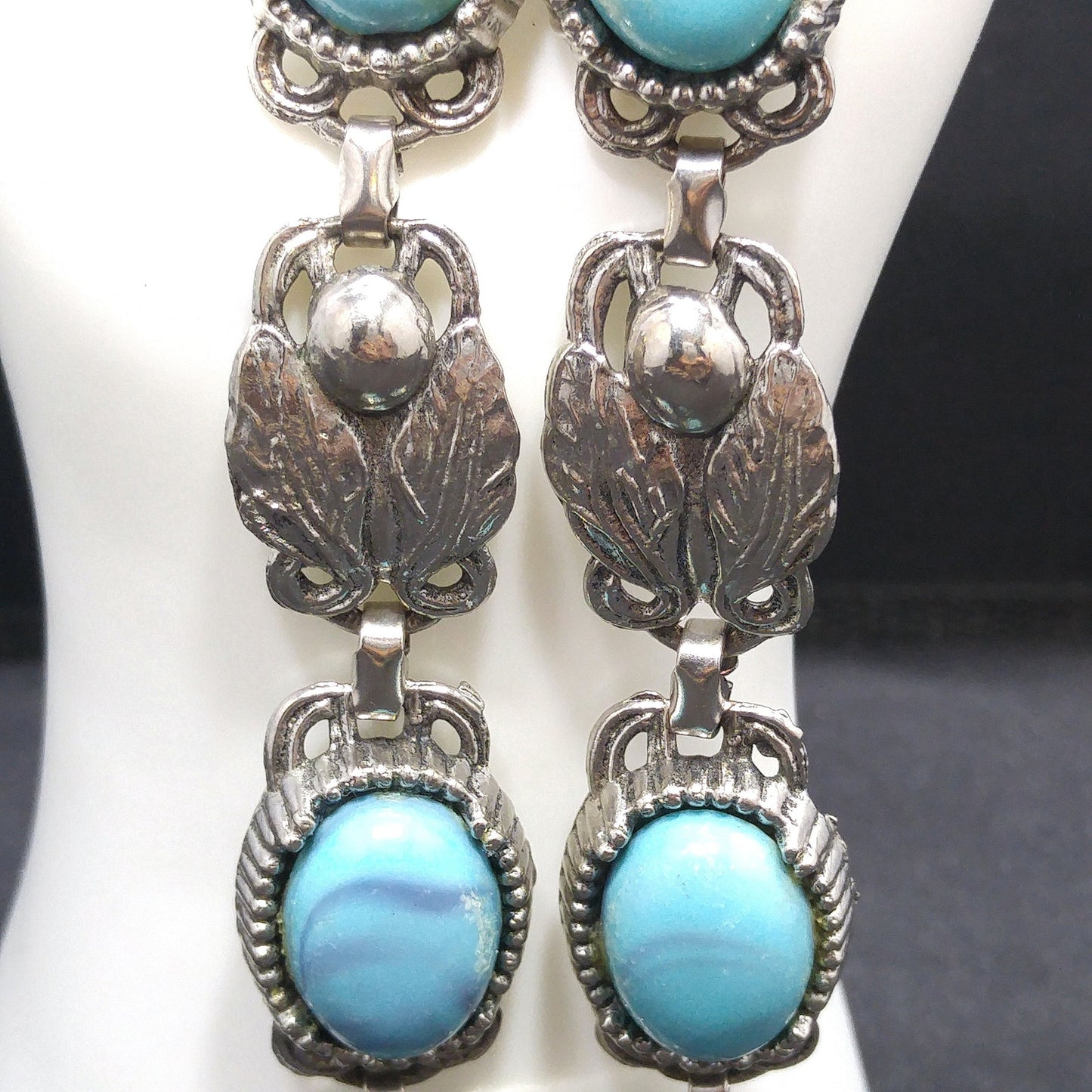 Lucite Faux Turquoise Double Strand Bracelet, Silver Leaves, 1950s Vintage Jewelry