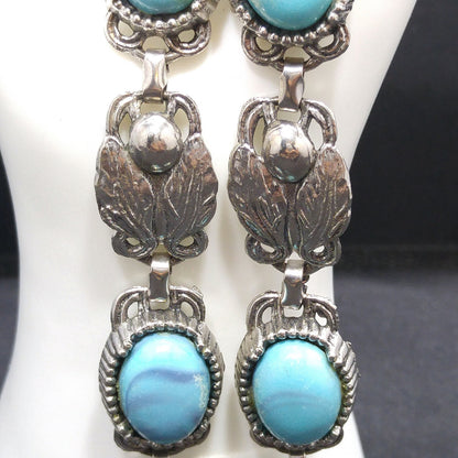 Lucite Faux Turquoise Double Strand Bracelet, Silver Leaves, 1950s Vintage Jewelry