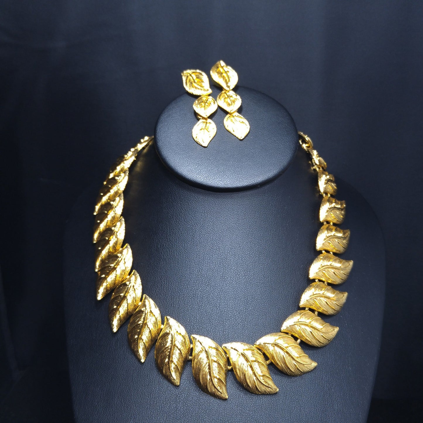 Napier Leaf Necklace and Drop Earrings, Post Earrings, Gold Plated, 1980s