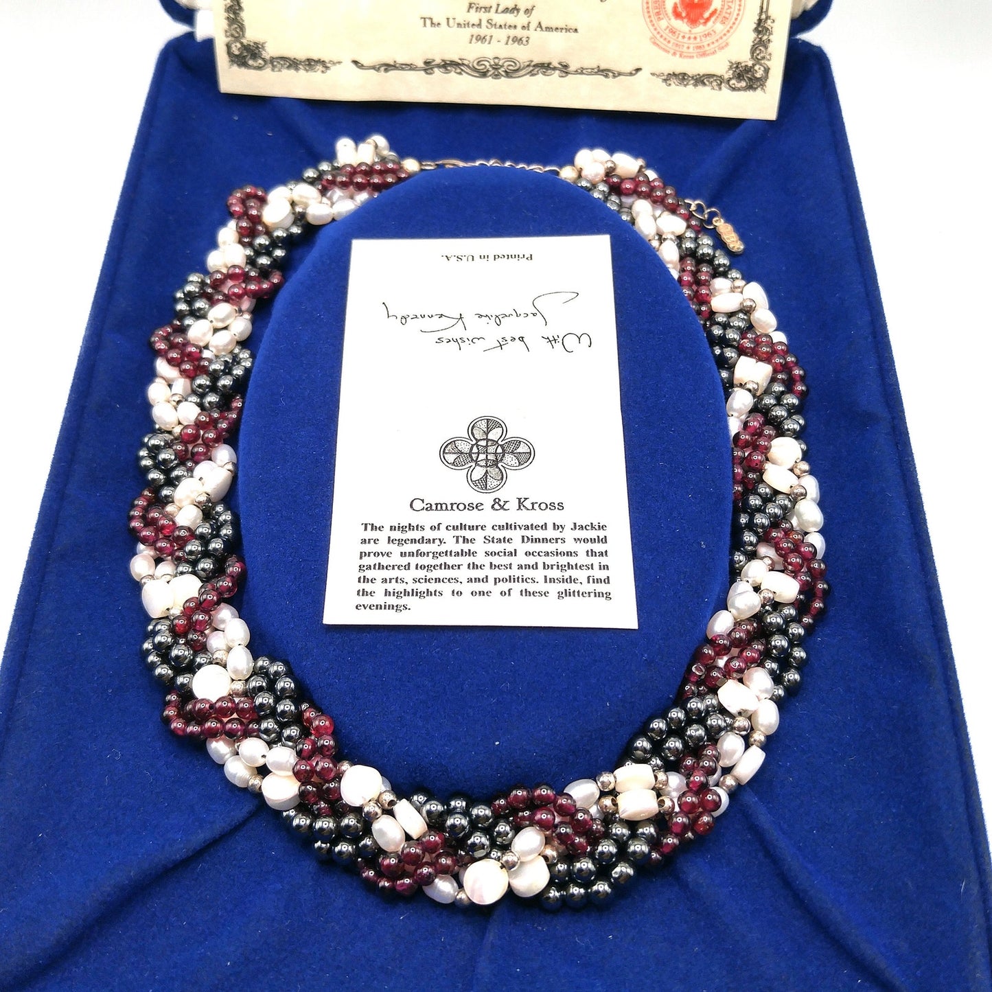 Jackie Kennedy Replica Necklace – Camrose & Kross JBK Garnet Pearl Hematite, 1990s