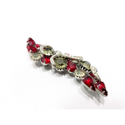 Vintage Red Rhinestone Brooch, Rhodium Plated, Ribbon Design, 1960s Vintage Jewelry
