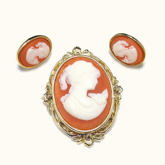 Whiting & Davis Cameo Brooch Post Earrings Set, Lucite Jewelry, 1970s Vintage