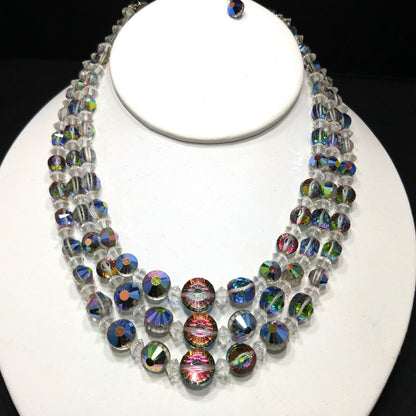 Vitrail Aurora Borealis Crystal Bead Necklace, Three Strands, 1960s Vintage Jewelry
