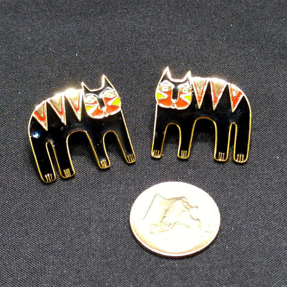 Vintage Laurel Burch Black Cat Post Earrings, Black Red Enamel, Gold Plated