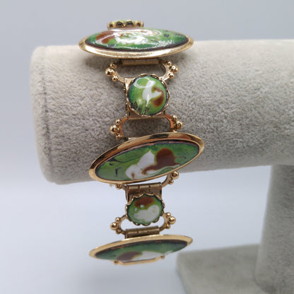 Mid-Century Enamel Book Chain Bracelet, Green Brown White Gold, 1950s Vintage Jewelry