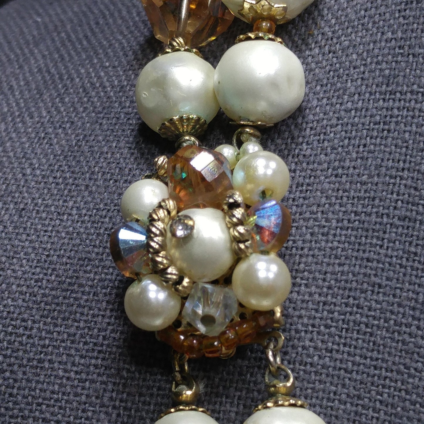 Vintage 1950s Faux Pearl Crystal Necklace Aurora Borealis Double Strand