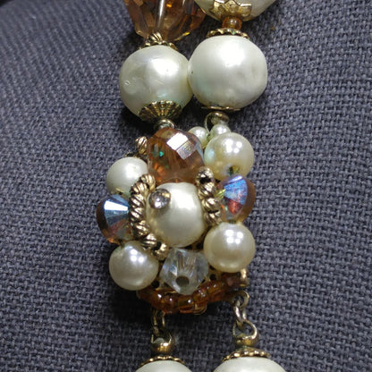 Vintage 1950s Faux Pearl Crystal Necklace Aurora Borealis Double Strand