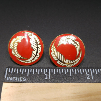 Vintage Laurel Burch "Palm Leaves" Red White Enamel Post Earrings, Gold Plated