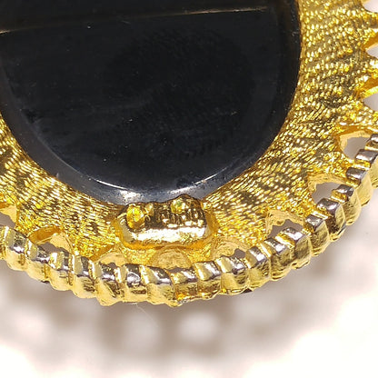 Celebrity Gold Rose Black Glass Brooch & Pendant, Matching Clip Earrings, 1970s Vintage Jewelry