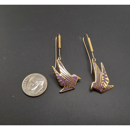 Laurel Burch Long Ear Wire Bird Earrings, Purple Enamel, Gold Plated, 1990s Vintage Jewelry