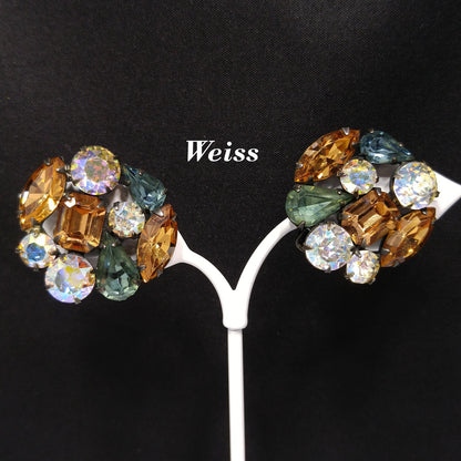 Weiss Blue Green Topaz Rhinestone Earrings, Clip Antique Gold Plate, 1950s Vintage
