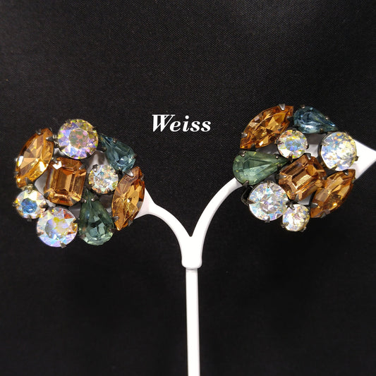 Weiss Blue Green Topaz Rhinestone Earrings, Clip Antique Gold Plate, 1950s Vintage