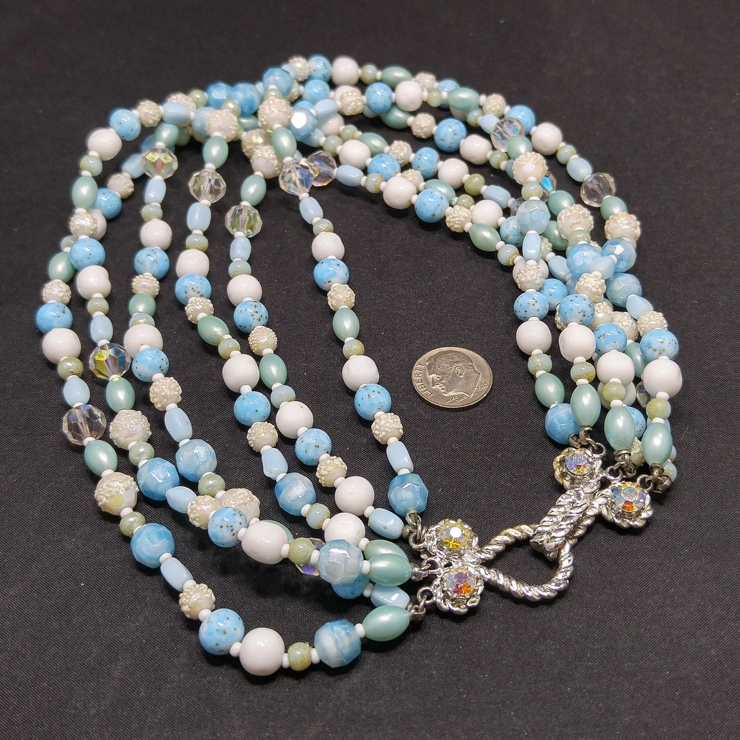 Vintage Vendome Six-Strand Blue White Glass Bead Necklace AB Crystals 1960s