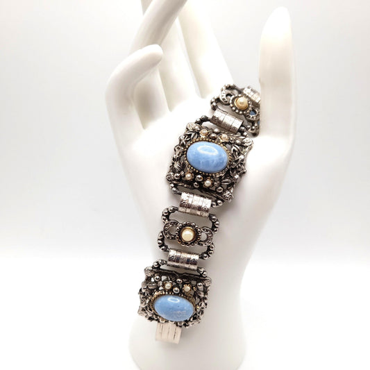 Vintage Blue Lucite Book Chain Bracelet, Faux Pearls, Silver Tone, 1950s, 7 3/4"