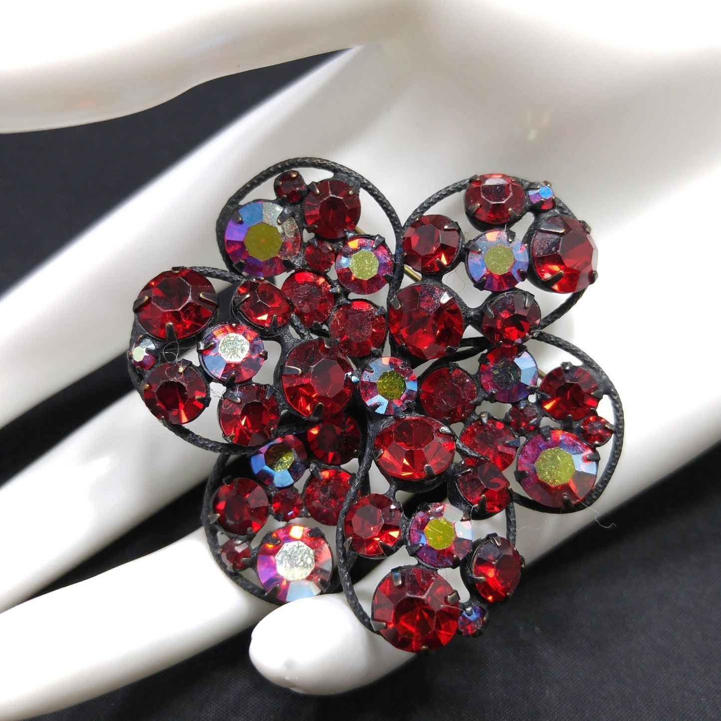 Vintage Regency Red Rhinestone Japanned Brooch, Aurora Borealis, 1960s Vintage Jewelry