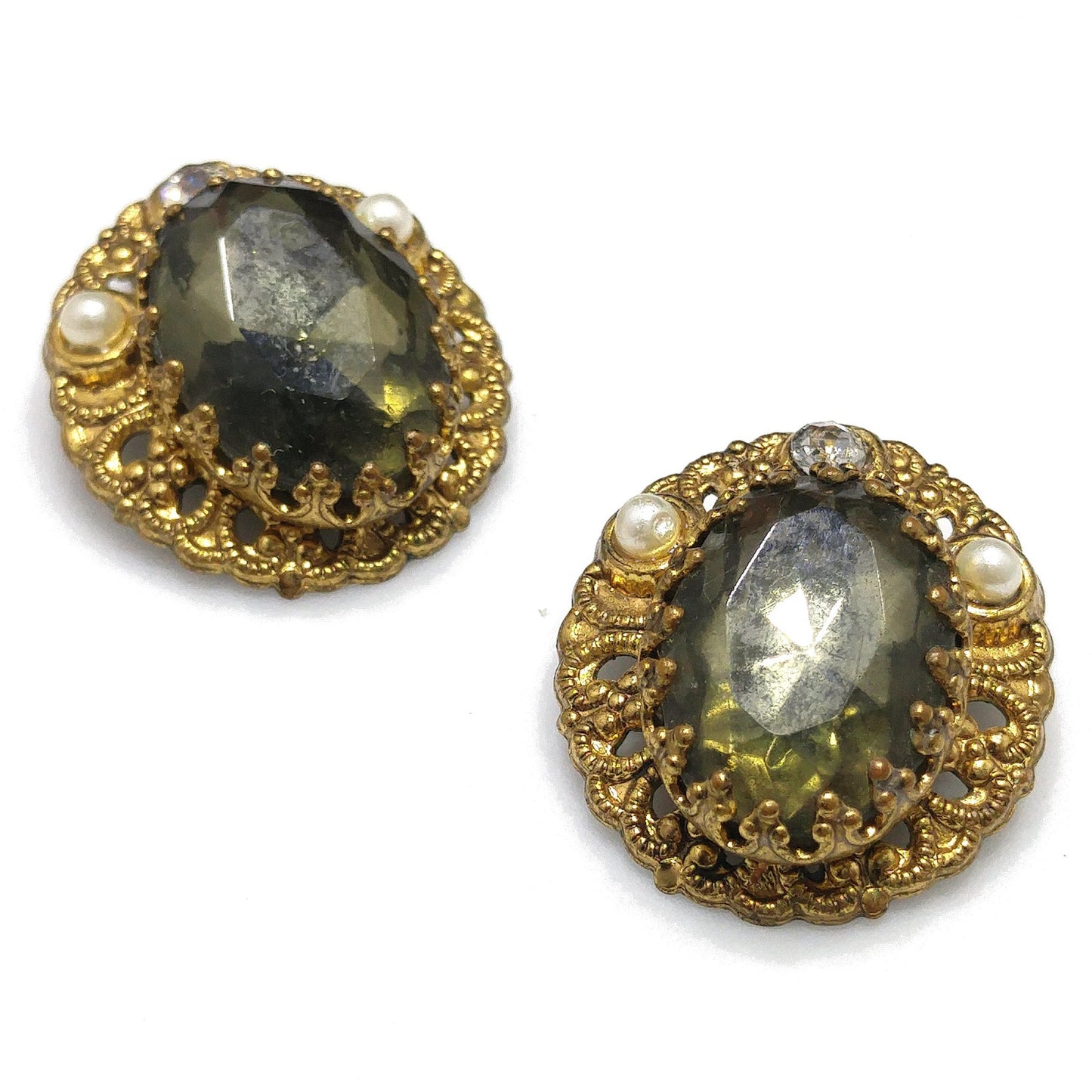 West Germany Gray Green Clip Earrings, Clear Glass & Faux Pearls, 1950s Vintage Jewelry