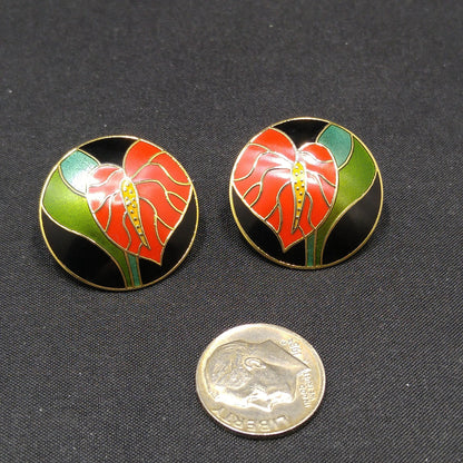 Vintage Laurel Burch Red "Antherium" Post Earrings, Gold Plated