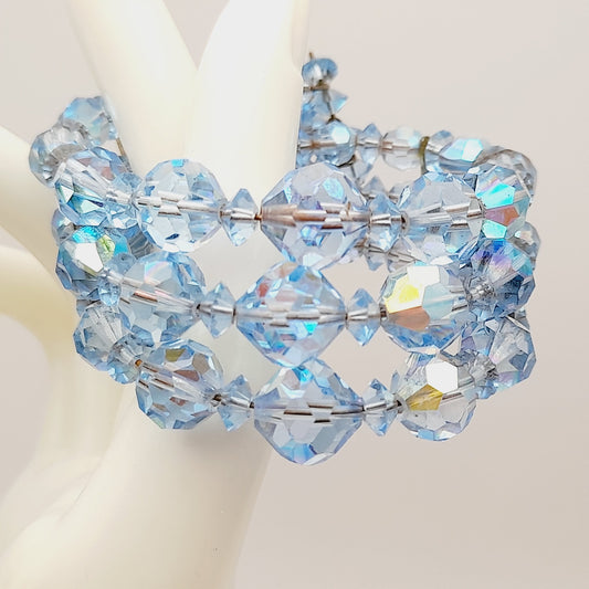 Vintage 1950s Light Blue Crystal Aurora Borealis Three Strand Memory Wire Bracelet