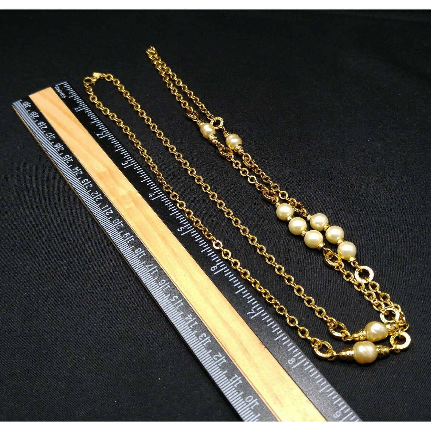 Vintage Monet Long Gold Chain Necklace Faux Pearls 1970s Sister Clasp 36"
