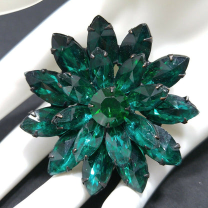 Vintage Emerald Green Rhinestones Floral Japanned Brooch, Mid-Century Flower Pin, 1950s Vintage Jewelry