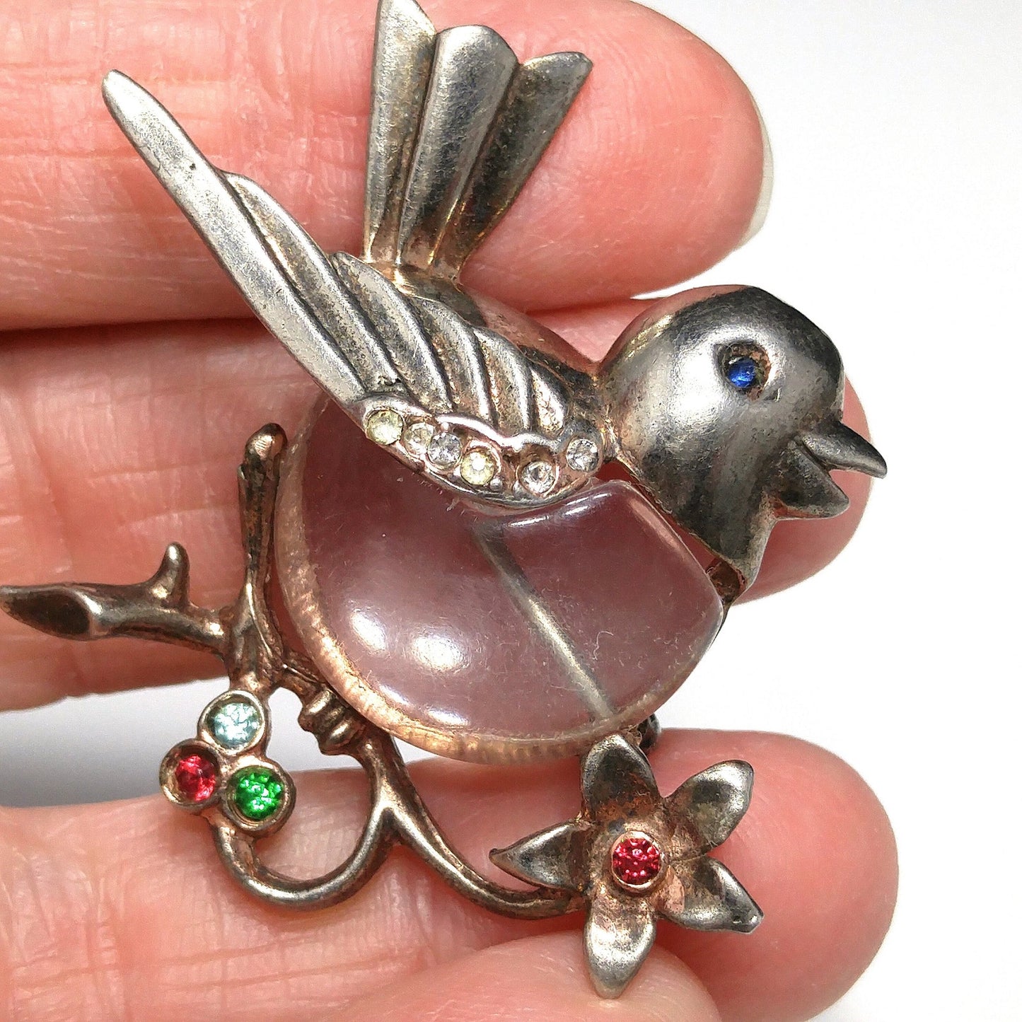 Sterling Silver Clear Lucite Bird Brooch, Jelly Belly Pin, 1940s Vintage Jewelry