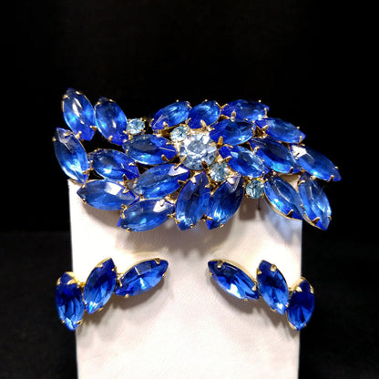 Vintage Royal Light Blue Rhinestone Brooch Earring Set, Gold Plated, 1960s Vintage Jewelry