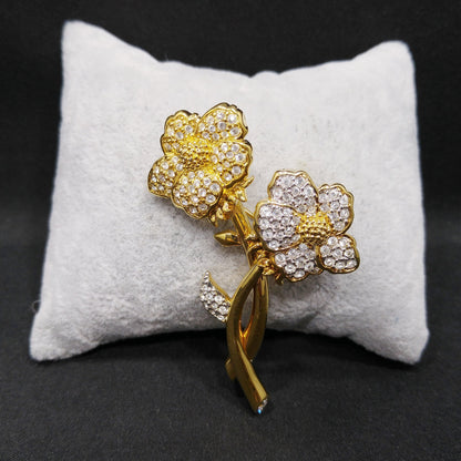Vintage Swarovski Year 2000 Two Flower Brooch – Gold Plated with Clear Rhinestones