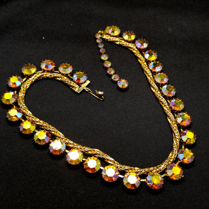 Hattie Carnegie Gold Rhinestone Necklace, Rope Chain Aurora Borealis, 1960s Vintage Jewelry