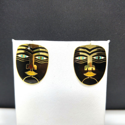 Vintage Laurel Burch "Maori" Post Earrings, Tribal Faces, Gold Plated
