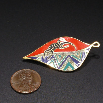 Laurel Burch "Leaf Lizard" Brooch & Pendant, Cloisonné Gold Plated, Enamel, 1980s Vintage Jewelry